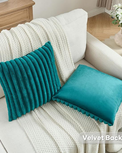FUTEI Teal Green Throw Pillow Covers Set of 2, 26x26 Inch Striped Texture Euro Pillow Shams with Soft Faux Rabbit Fur Front & Velvet Back, Modern Decorative Couch Pillows for Living Room