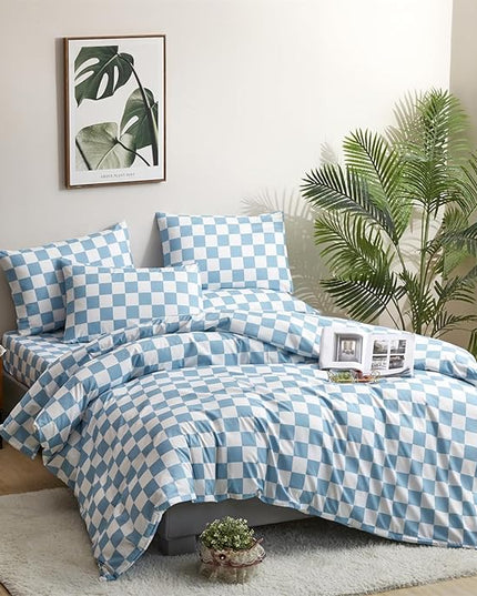 CLOTHKNOW Blue White Plaid King Size Comforter Set 3Pcs Grid Bedding Comforter Sets Checkerboard Comforter King Lake Blue Comforter with 2 x Pillow Cases