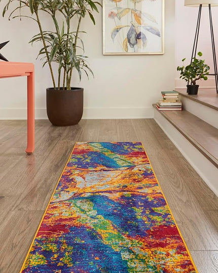 Rugs.com Calypso Collection Rug – 10 Ft Runner Multi Medium-Pile Rug Perfect for Hallways, Entryways