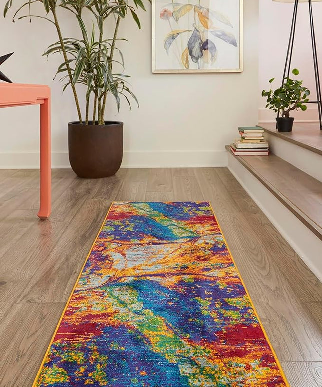 Rugs.com Calypso Collection Rug – 10 Ft Runner Multi Medium-Pile Rug Perfect for Hallways, Entryways