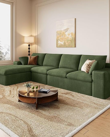 136" Cloud Couch Modular Sectional Sofa for Living Room, L-Shape Boneless Couch with Deep Seat, Modern Corduroy 4-Seater, No Assembly Required (Green,Left-Facing Chaise)