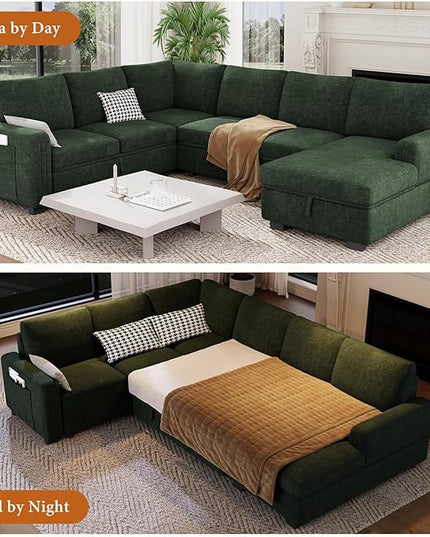 Vesgantti 113.6" Modular Sectional Sofa with Pull Out Couch Bed, 7 Seater U Shaped Sleeper Sofa with Storage Chaise, Chenille Sectional Couch for Living Room, Bedroom, Apartment, Green