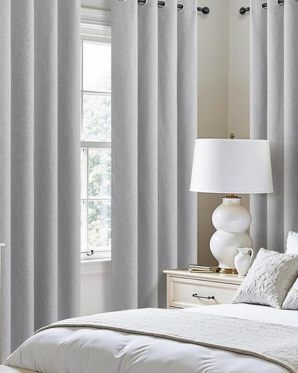 Light Grey Linen Blackout Curtains 90 Inch Length 2 Panels Set for Bedroom Living Room Grommet 100% Black Out Linen Drapes Room Darkening Window Curtains 90 Inches Long Light Silver Gray