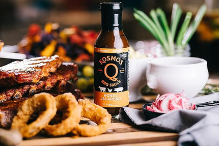 Kosmos Q Honey Jalapeno, Sweet & Spicy BBQ Sauce for Pork, Chicken, Brisket, Ribs & More, Made with Real Honey, Jalapeno & Peach, Thick Marinade & Dipping Sauce, Gluten Free, 15.5 Oz Bottle