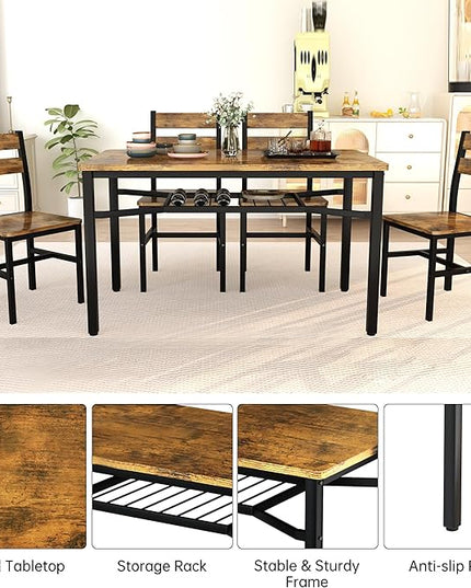 Hooseng Dining Table Set for 4, Wood Kitchen Table Chairs Set with Storage, Farmhouse 5 Piece Dining Room Table Set, Space-Saving Dinette Set for Breakfast Nook, Apartment