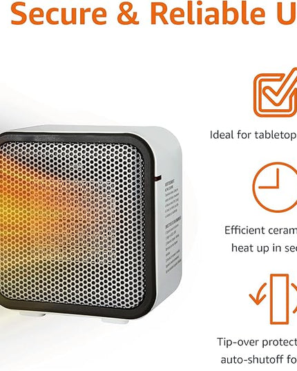 Amazon Basics Portable Mini Ceramic Space Heater, for Office Desk and Indoor Use, 500 W, With Tip-Over Protection, Lightweight (1.4 LBS), White, 5.9 x 3.2 x 6 inches