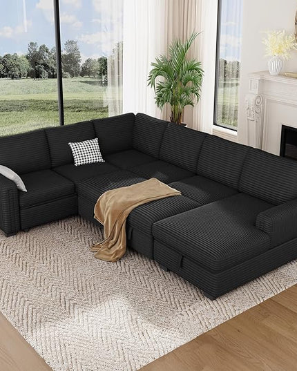 Vesgantti 113.6" Modular Sectional Sofa with Pull Out Couch Bed, 7 Seater U Shaped Sleeper Sofa with Storage Chaise, Corduroy Sectional Couch for Living Room, Bedroom, Apartment, Black