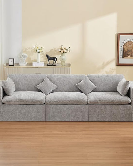 115''Cloud Boneless Sectional Couch, Modular Sectional Sofa Deep Seat, Oversized Upholstered Convertible Comfy 3 Seater Chenille Memory Foam Sofa Couches for Living Room, Light Grey