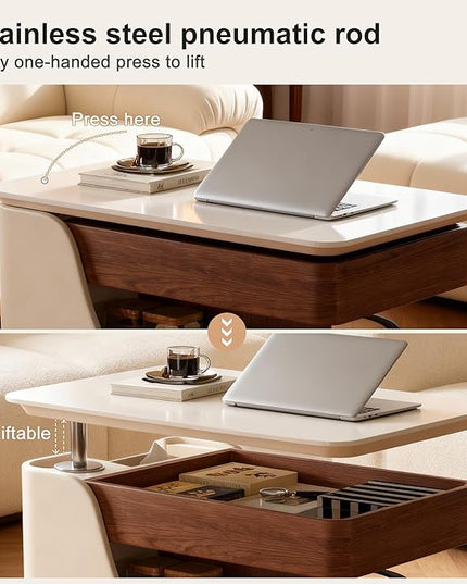Lift Top Coffee Table with Storage, Small Rolling Side Table/NightStand Table for Living Room Kitchen Bedroom Small Apartment (White + Walnut)