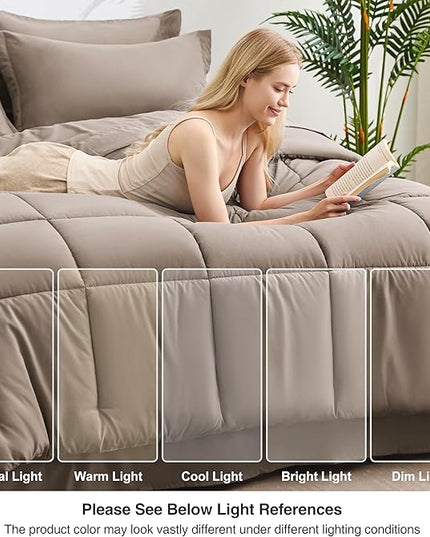 Love's cabin California King Comforter Set Light Brown, 7 Pieces California King Bed in a Bag, All Season Bedding Sets with 1 Comforter, 1 Flat Sheet, 1 Fitted Sheet, 2 Pillowcase and 2 Pillow Sham