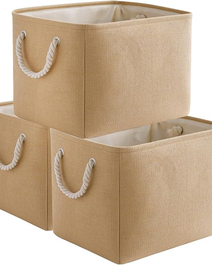 TheWarmHome Organization and Storage Basket for Organizing - 3 Pack 16x12x12 inch Cube Fabric Storage Cubes, Storage Bin for Shelves Gift Closet Organizer Cloth Toy (Beige)