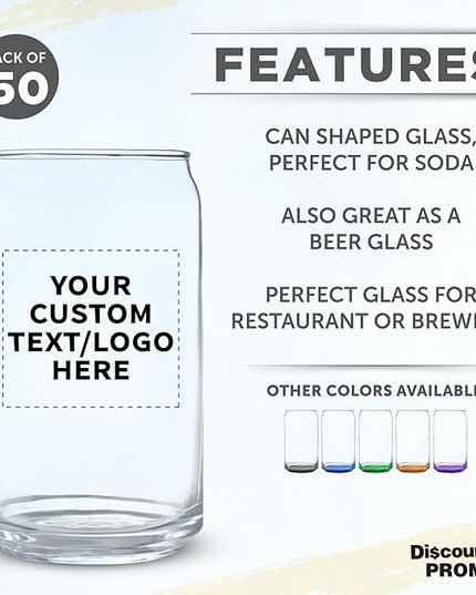 Custom Beer Can Glasses Set of 50, 16 oz. Pint Sized, Promotional Text, Logo, Soda Can Shape, Glassware, Clear