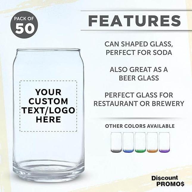 Custom Beer Can Glasses Set of 50, 16 oz. Pint Sized, Promotional Text, Logo, Soda Can Shape, Glassware, Clear