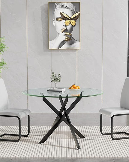 HomVent 3 Piece Round Glass Dining Table Set, Round Glass Kitchen Table Set for 2 with 2 PU Upholstered Dining Chairs for Kitchen Dining Room