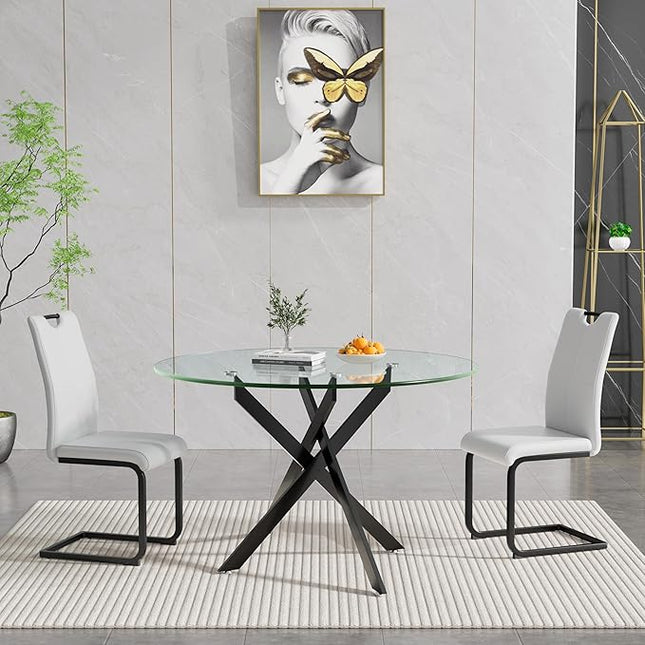 HomVent 3 Piece Round Glass Dining Table Set, Round Glass Kitchen Table Set for 2 with 2 PU Upholstered Dining Chairs for Kitchen Dining Room