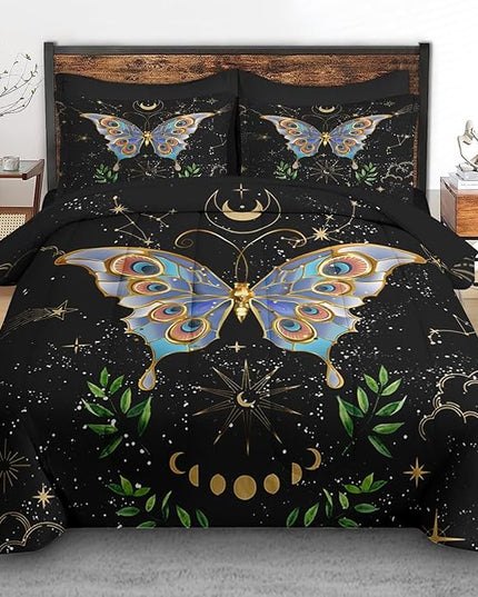 Comforter Set Full Size, Gothic Butterfly Moon 7 Pcs Bedding for Kids and Adults, Botanical Plant Leaf Bed Sheet Sets with Fitted Sheet 2 Pillowcases & 2 Shams for Bedroom Bed Decor
