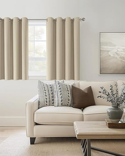ChrisDowa 100% Blackout Natural Solid Solid Curtains 45 Inches Long 2 Panels for Bedroom Living Room,Farmhouse Room Darkening Thermal Insulated Soundproof Grommet Top Window Treatment Drapes,52x45