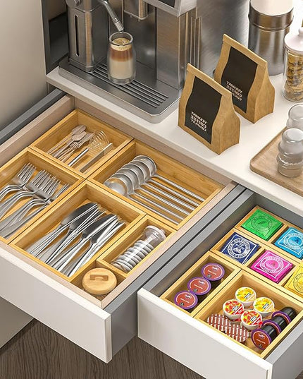 Bamboo Drawer Organizer, Set of 9 Wood Kitchen Junk Tea Desk Office Tray, Wooden Storage Boxes Organizers for Bathroom, Office (2" H 9 Boxes)