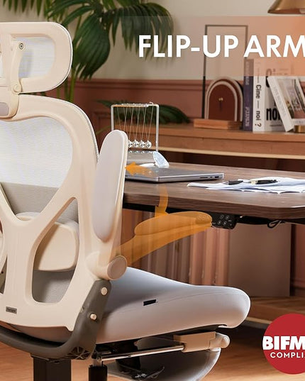FLEXISPOT Foldex Ergonomic Office Chair, Folding Chair for Small Spaces with Lumbar Support, Flip-up Armrests, 3D Headrest, Desk Chairs with Footrest for Work,Video Game (Foam Seat, Cream)