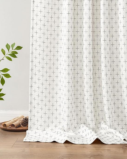 MIULEE Decorative Back Tab Linen Curtains with Geometric Pattern for Living Room Bedroom Farmhouse Rustic Thick Woven Textured Patterned Floor to Ceiling Drapes 102 Inch Long 2 Panels, Pure White