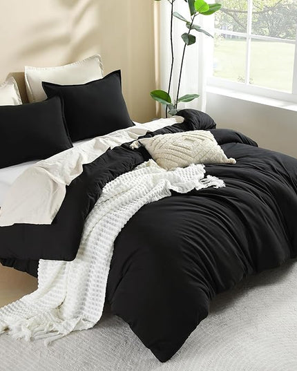 Litanika Black Comforter Set Queen Size, 3 Pieces Lightweight Solid Bedding Comforter Set, All Season Fluffy Bed Set (90x90In Comforter & 2 Pillowcases)