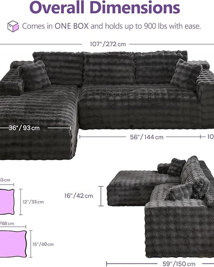 TYBOATLE 107’’ Boneless Slow-Rebound Memory Foam Couch, Cloud Sectional Couches for Living Room w/Upgraded Fabric, Deep Seat Comfy Fluffy L Shaped Modular Sectional Sofa (Grey, Left Facing Chaise)