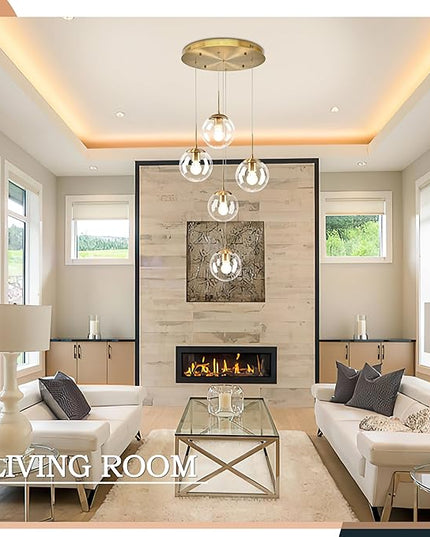 KoKo&Yukina 5-Light Globe Glass Pendant Light Adjustable Length Pendant Lights Modern Gold Clear Globe Glass Chandelier High Ceiling Lights Fixtures for Foyer Staircase Entryway (Bulb & Remote Incl.)