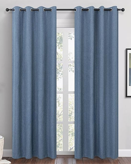 Blue Linen Blackout Curtains 96 Inch Length 2 Panels Set for Bedroom Living Room Grommet 100% Black Out Linen Drapes Room Darkening Window Curtains 96 Inches Long Stone Blue