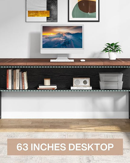 Tribesigns 63 inches Computer Desk with Bottom Storage Shelf Home Office Desk Writing Table for Workstation, Dark Walnut + Steel Leg, Cabinet not Included (Dark Brown, 63-inch-with-Shelf)