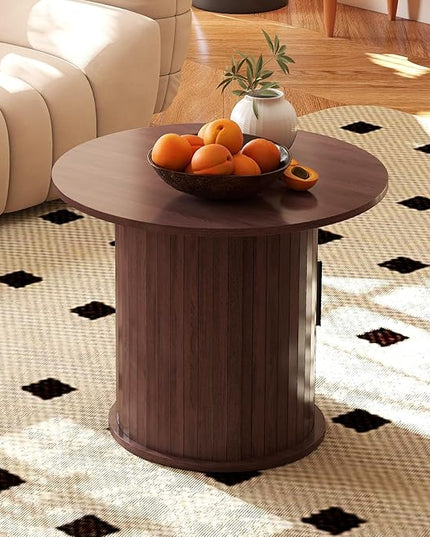 COSVALVE Round Wood Coffee Table 23.6IN with Hidden Storage & Sliding Door, Circle Farmhouse Side Table Sets for Living Room, Bedroom, Balcony, Small Spaces, Walnut