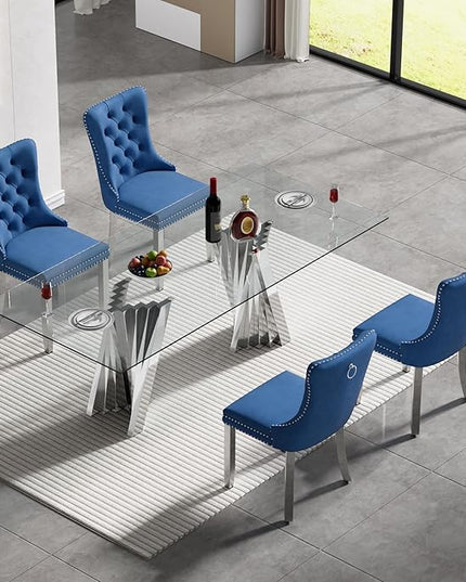 5 Piece Glass Dining Table Set,70" Dinner Room Glass Table Set for 4,Modern Kitchen Dinner Table Set with Stainless Steel Base and 4 Upholstered Velvet Dining Chairs for Living Dining Room