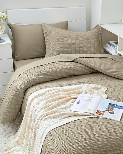 HYMOKEGE Linen Twin XL Comforter Set Seersucker 5 Pieces, All Season Luxury Bed in a Bag for Bedroom, Bedding Set with Comforter, Sheets, Pillowcase & Sham