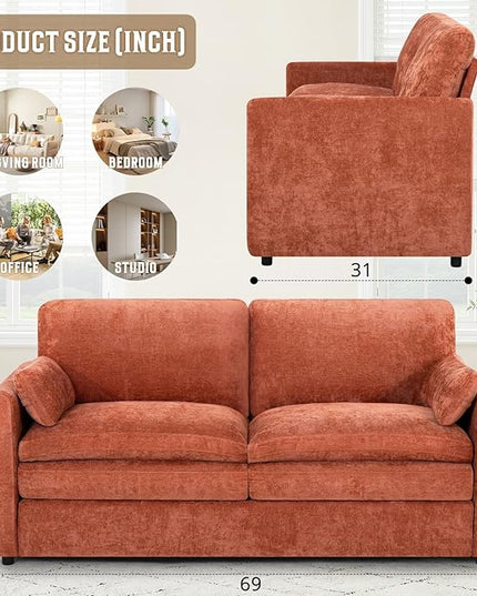 69" Chenille Modern Couch with Cozy & Soft Backrests, 2 Seats Sofa with 2 Extra Pillows, Comfy Upholstered Sofa with Thicker Cushions for Living Room, Office, Orange
