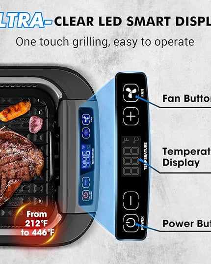 CUSIMAX Smokeless Indoor Grill, 1500W Electric Grill Korean BBQ Grill with LED Smart Display & Tempered Glass Lid, Non-stick Removable Grill Plate, Turbo Smoke Extractor, Black New Model