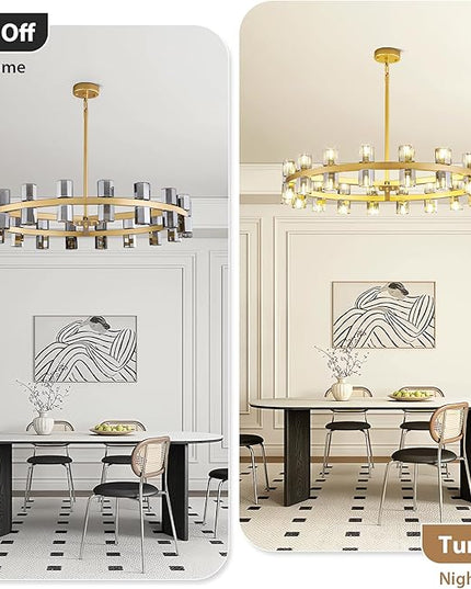 36-Light Large Gold Chandeliers for High Ceilings, 36 Inch Modern Crystal Wagon Wheel Chandelier, Farmhouse Industrial Round Chandelier Pendant Lighting Fixture for Dining Living Room Kitchen