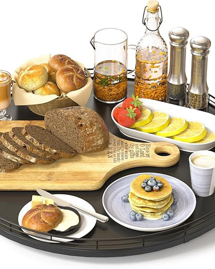 16" Oak Wooden Lazy Susan Turntable for Dining Table, Large Round Lazy Susans Organizer for Kitchen Countertop, Tabletop 360°Rotating Tray for Spice Organization and Storage Black Home Decor