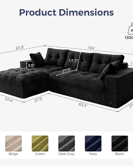MAXYOYO 104" L Shaped Modular Sectional Sofa with Ottoman, Cloud Boneless Couch with Layered Cushion, Upholstered Sofa in a Box, Flexible Module Combination for Living Room, No Assembly, Black