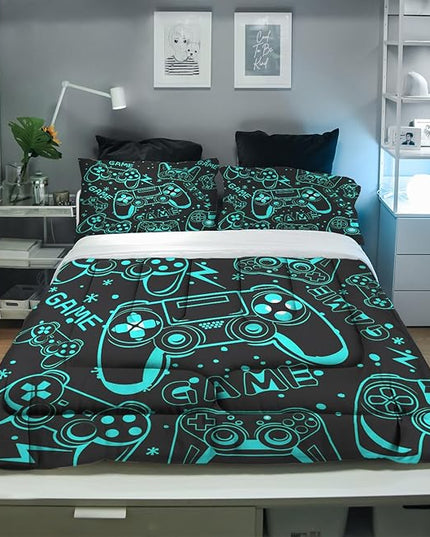 Sunnycitron Black Green Gamepad Gamer Comforter Set for Boys Gaming Bedding Set Teens Game Room Decor Queen (1 Comforter + 2 Pillowcase)