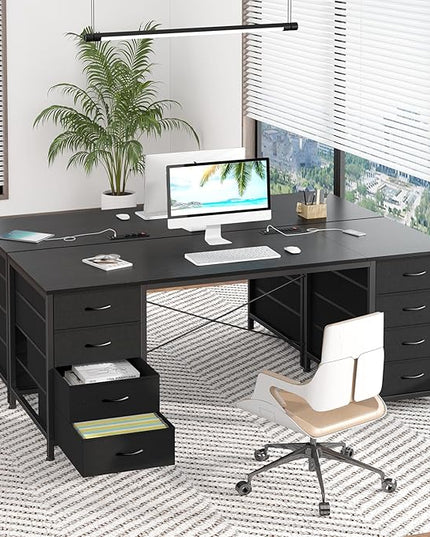 60 Inch Computer Desk with 8 Drawers, Home Office Desk with Power Outlets, Work Study Gaming Desk with 8 Fabric Drawers, Black