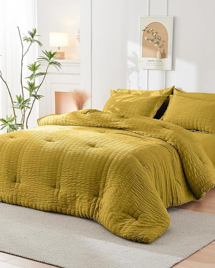 HYMOKEGE Mustard Yellow King Size Comforter Set Seersucker 7 Pieces, All Season Luxury Bed in a Bag for Bedroom, Bedding Set with Comforter, Sheets, Pillowcases & Shams
