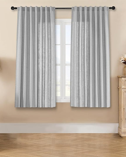 Joydeco Linen Curtains 63 inches Long 2 Panel Sets for Living Room, Light Filtering Drapes with Rod Pocket Back Tab, Ebony Grey Window Long Curtains