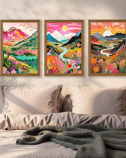 DUWQU 3 piece Colorful Watercolor Mountain Canvas Wall Art Boho Floral Painting Picture Wall Decor Abstract Nature Landscape Poster Print Artwork for Living Room Bedroom Office 16x24 Inch Wood Frames