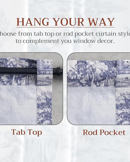 Maison d' Hermine Curtains for Living Room 100% Cotton 124 inch Length One Panel Light Filtering Toile Curtains for Bedroom Windows with Rod and Loop Pockets Drapes (Trianon Blue, 50" W x 124" L)