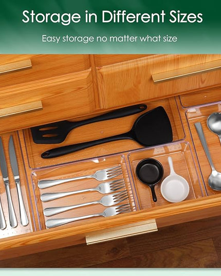 Criusia Drawer Organizer Set, Acrylic Non Slip Non Cracking Kitchen Drawer Storage Tray Large Size Divider, Multifunctional Storage for Cosmetics, Bathroom, Tools, Kitchen and Office (8 PACK)