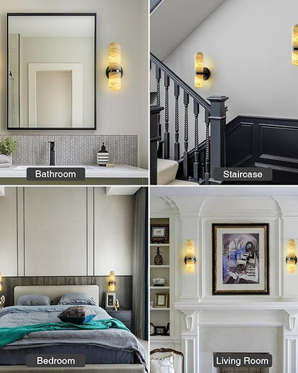Alabaster Wall Sconces, 13in Black Alabaster Sconce, Modern Spanish Natural Marble Sconces Lights, Sconces for Bathroom Vanity Bedroom Living Room Staircases Hallway
