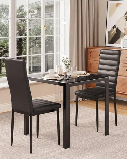 Gizoon 3 Piece Glass Dining Table Set, Kitchen and Chairs for 2, PU Leather Modern Room Sets for Home, Kitchen, Living Room