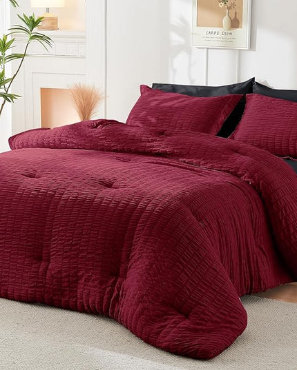 HYMOKEGE Red & Black California King Comforter Set Seersucker 7 Pieces, All Season Luxury Bed in a Bag for Bedroom, Bedding Set with Comforters, Sheets, Pillowcases & Shams