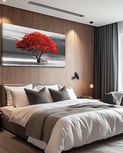 wall art for living room Decorations Photo Prints - panoramic black and white with red trees The moon Landscape - Modern Home Decor The room Stretched and Framed Ready to Hang artwork 20x40inches