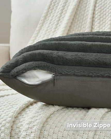 FUTEI Dark Grey Throw Pillow Covers Set of 2, 22x22 Inch Striped Texture Cushion Cases with Soft Faux Rabbit Fur Front & Velvet Back, Modern Decorative Couch Pillows for Living Room