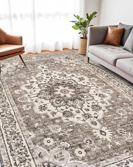 Washable Oriental Area Rug - 7x9 Rugs for Living Room Soft Carpet for Bedroom Waterproof Floral Distressed Indoor Stain Resistant Non-Shedding Floor Carpets (Beige, 7x9)